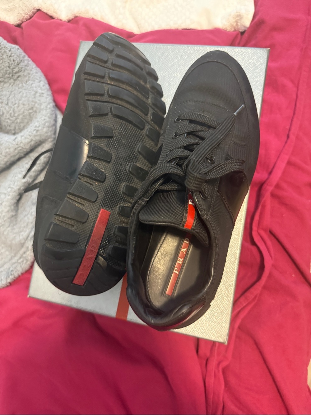 Prada Black Lace-Up Low-Top Sneakers with Red Accent - Picture 2 of 6